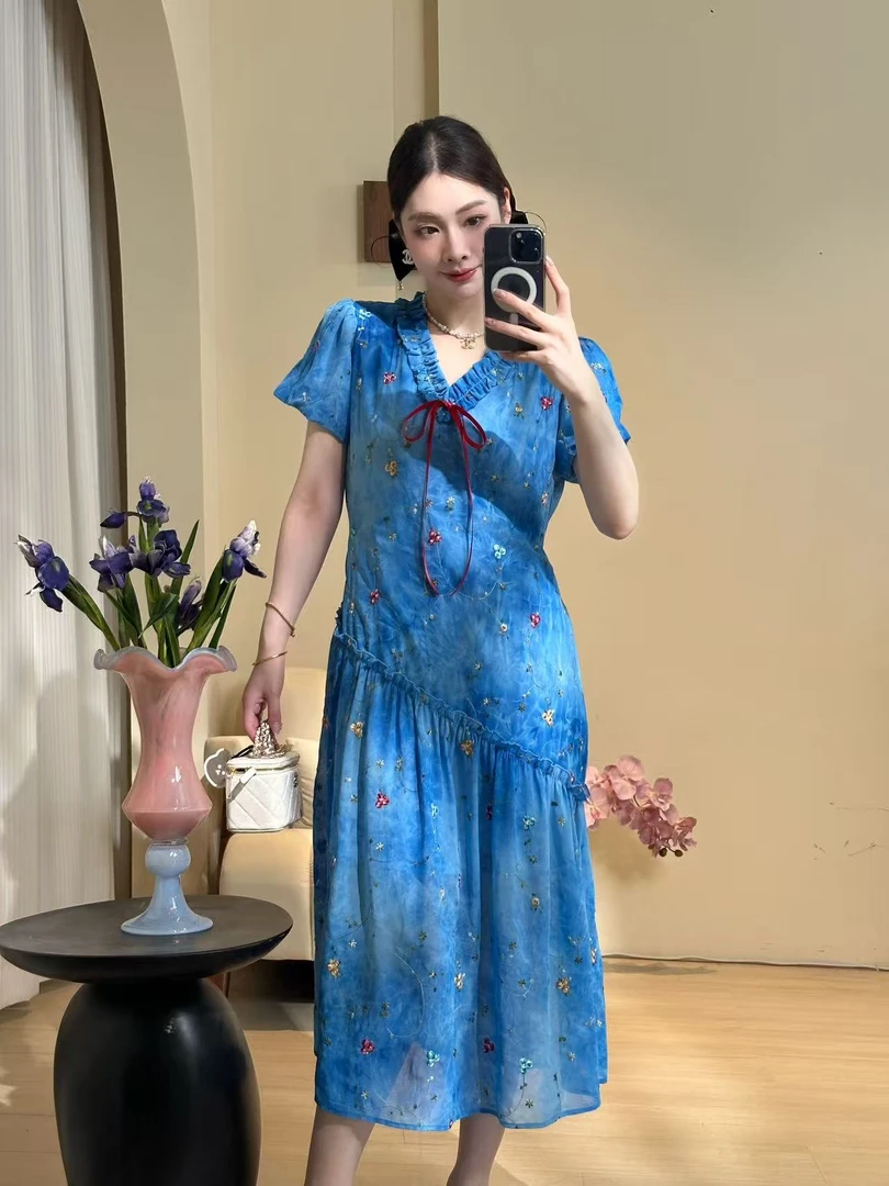 小闻原创设计 白雪公主 碎花蝴蝶结设计蓝色