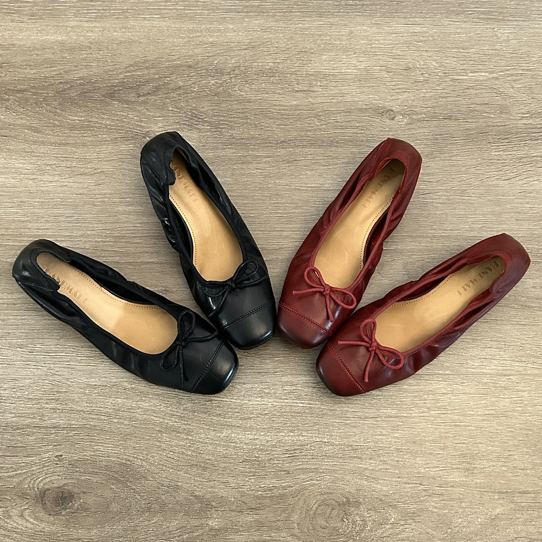 Dannyfrey芭蕾风头层牛皮红色浅口蝴蝶结复古软皮软底奶奶单鞋