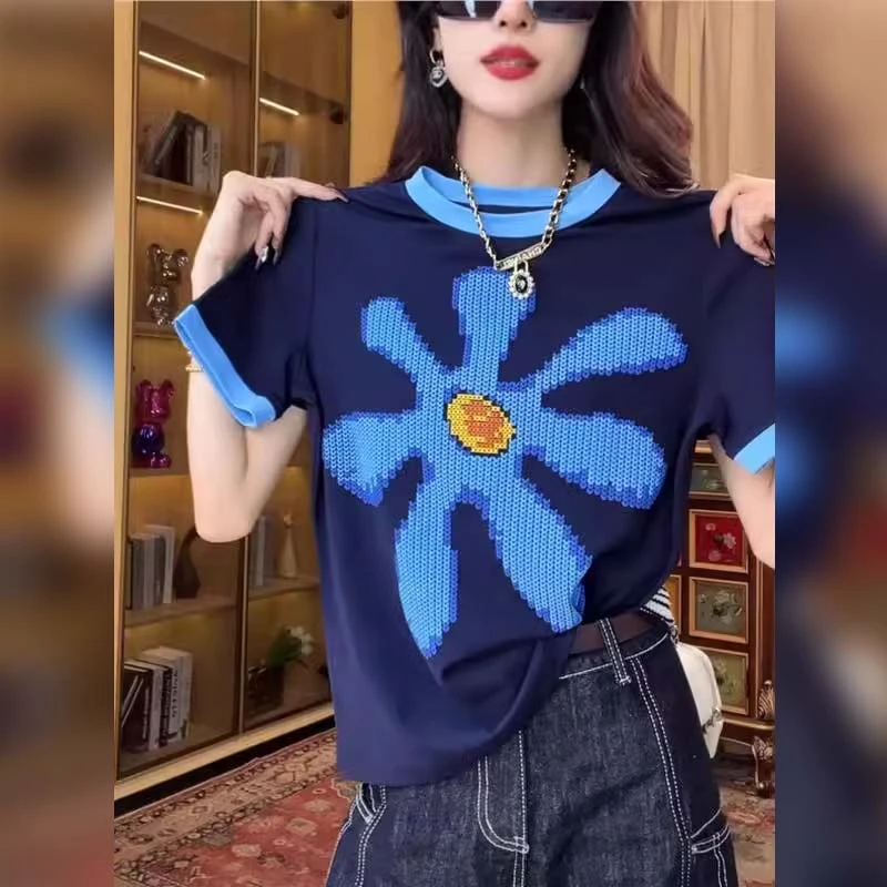 正肩印花短袖T恤女2025新款夏季欧货洋气小衫宽松减龄纯棉上衣服