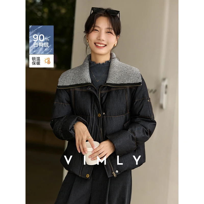 梵希蔓黑色大翻领仿牛仔羽绒服女冬宽松百搭撞色保暖外套50863