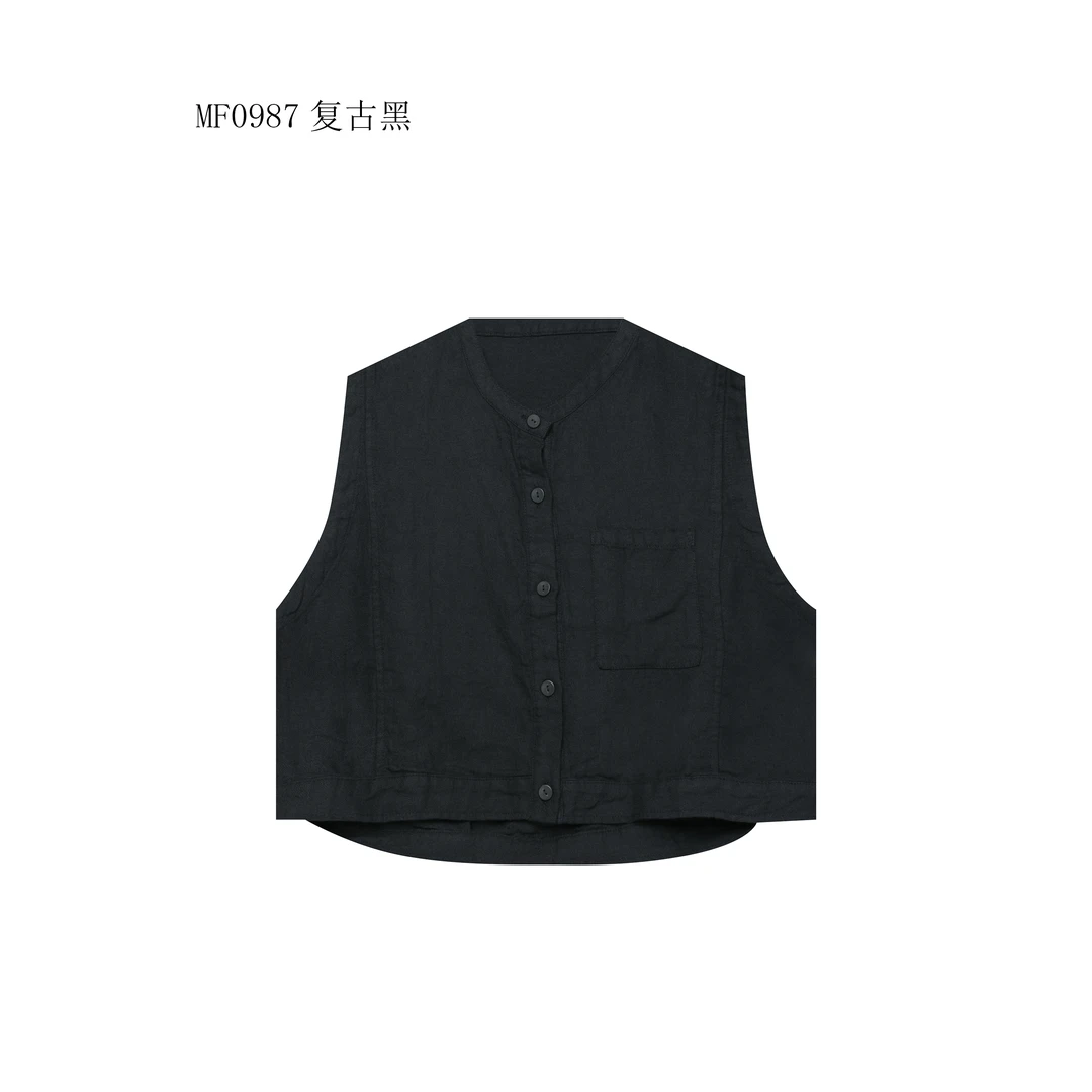 【麻訪家】MF0987复古黑文艺简约休闲百搭坎肩开衫上衣