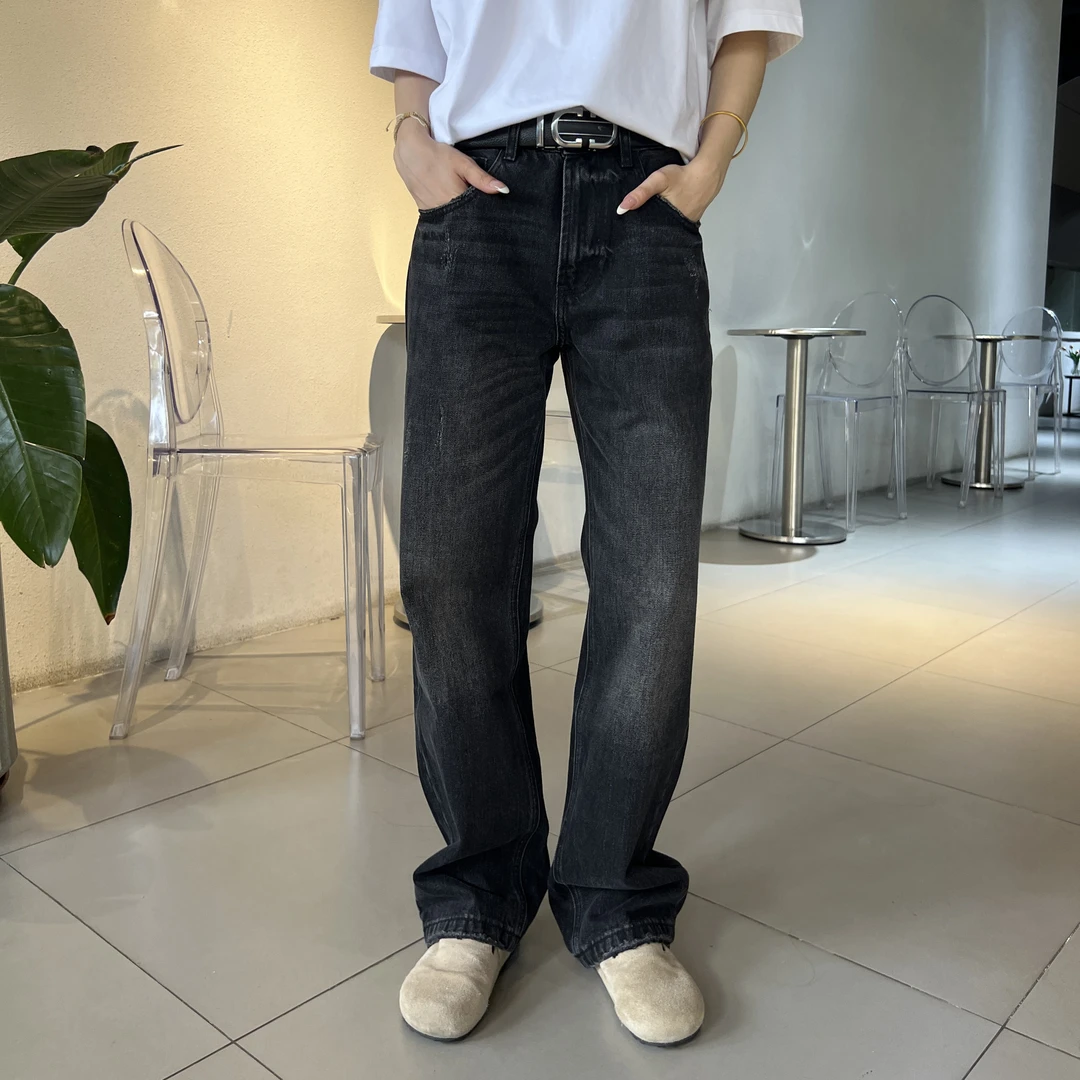 【KUAAO】长裤直筒裤磨边潮流黑色牛仔裤百搭时尚水洗做旧-0046
