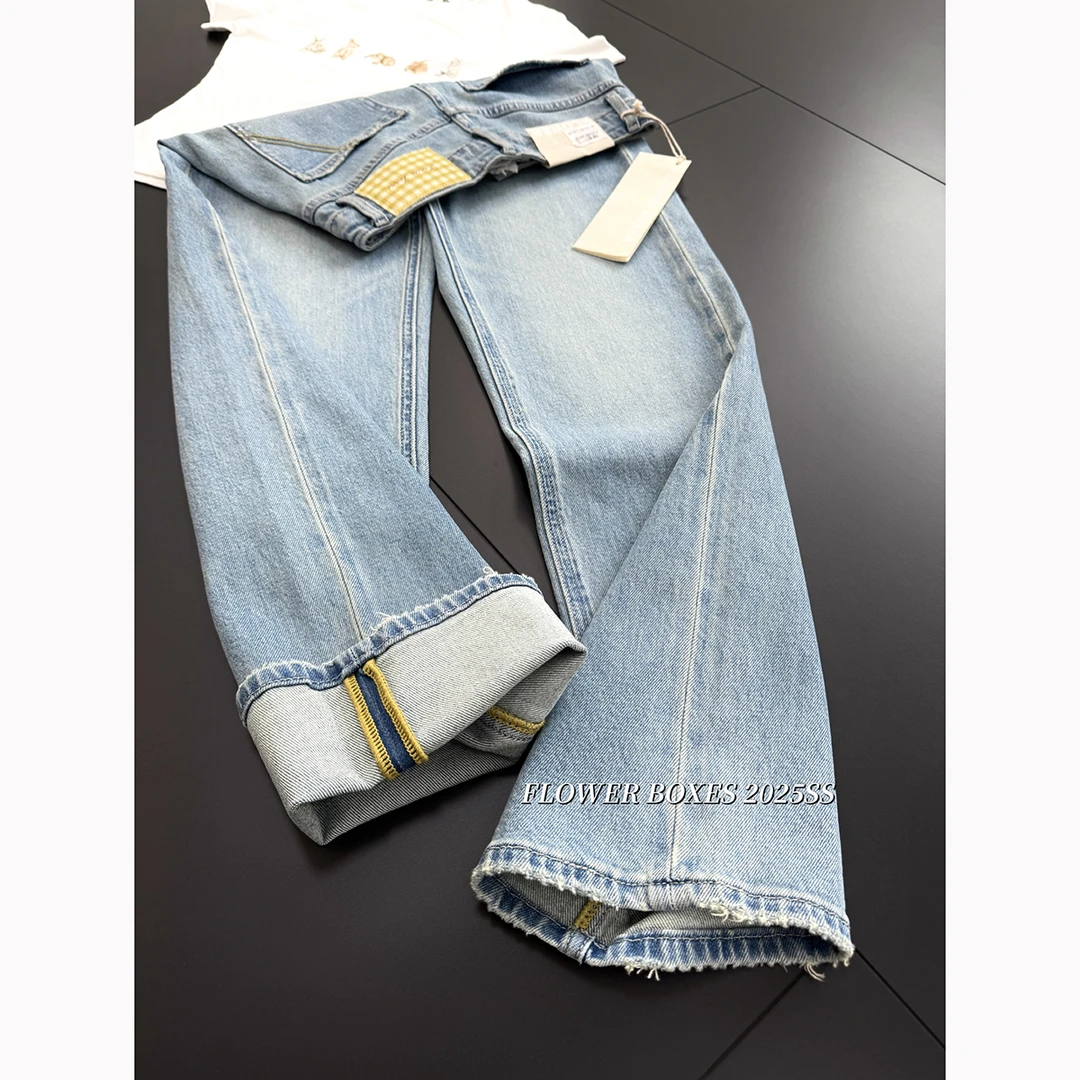 薄款花匣子牛仔裤官方旗舰店窄版直筒裤2025新款多巴胺黄65789-1