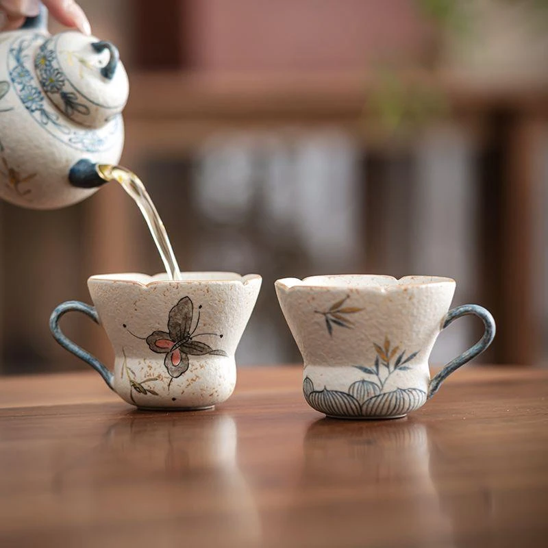 焦糖陶泥手绘蝴蝶耳杯主人杯单杯品茗杯家用喝茶品茗功夫茶具执手