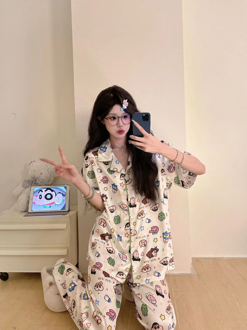 可爱蜡笔小新冰雪丝睡衣女夏季开衫短袖长裤卡通高级感家居服套装