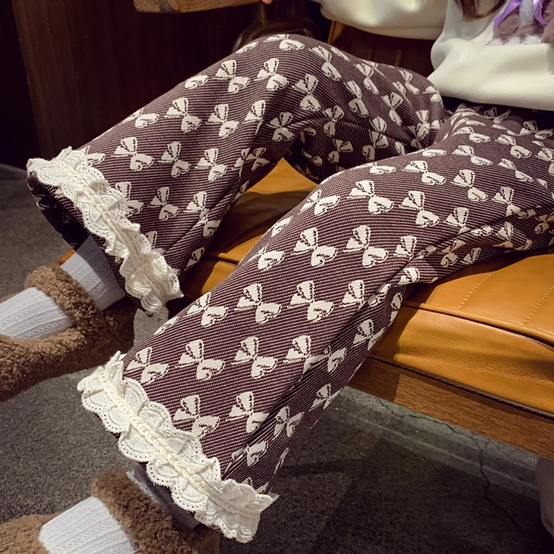 【宠粉浮力】米米哈罗女童一体绒蝴蝶结花边休闲长裤D240168