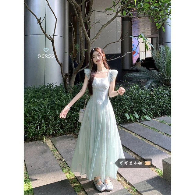 法式小飞袖连衣裙女2025夏季新款度假温柔风小清新气质桔梗中长裙