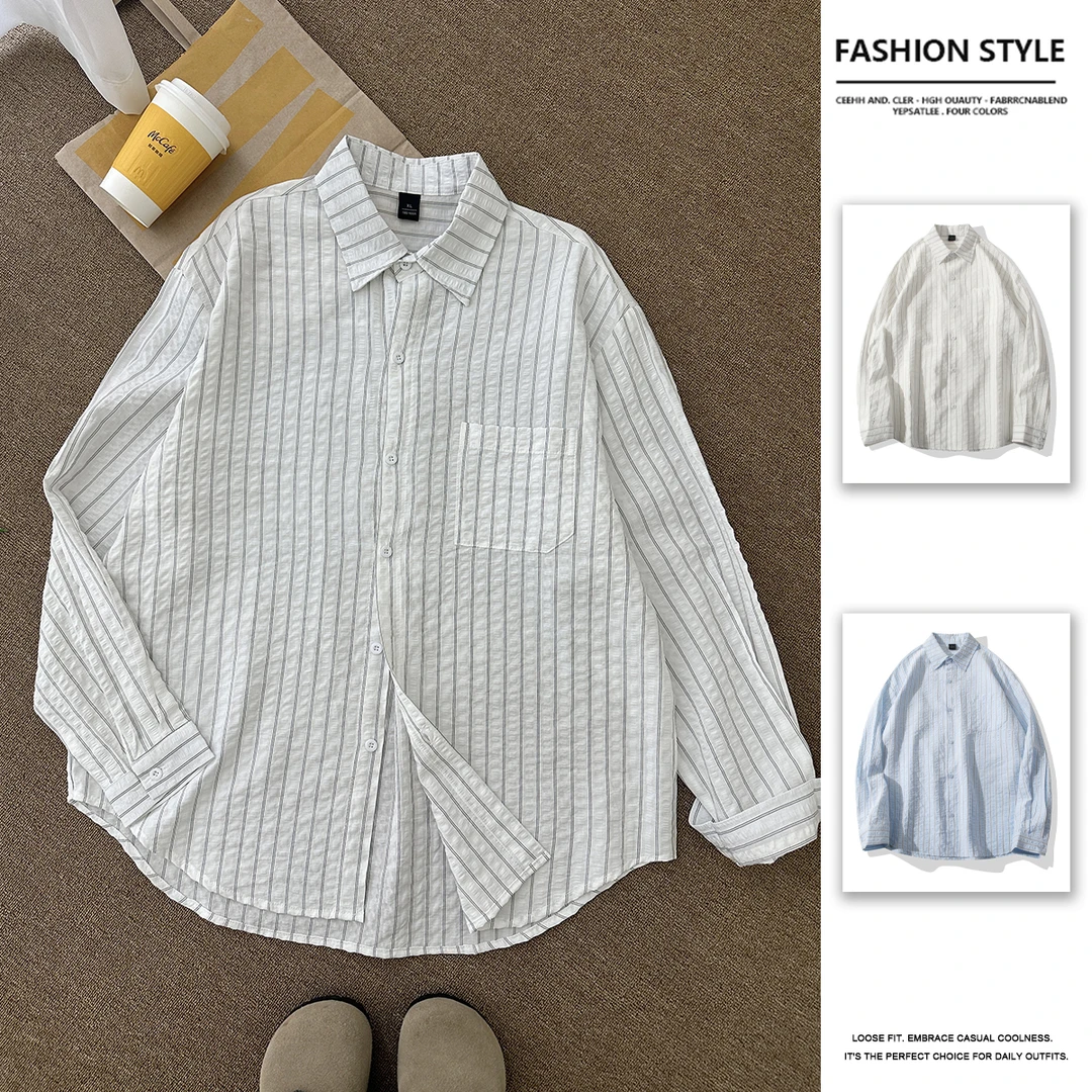夏季薄款防晒外套泡泡肌理感衬衫宽松休闲白月光条纹衬衫男款长袖