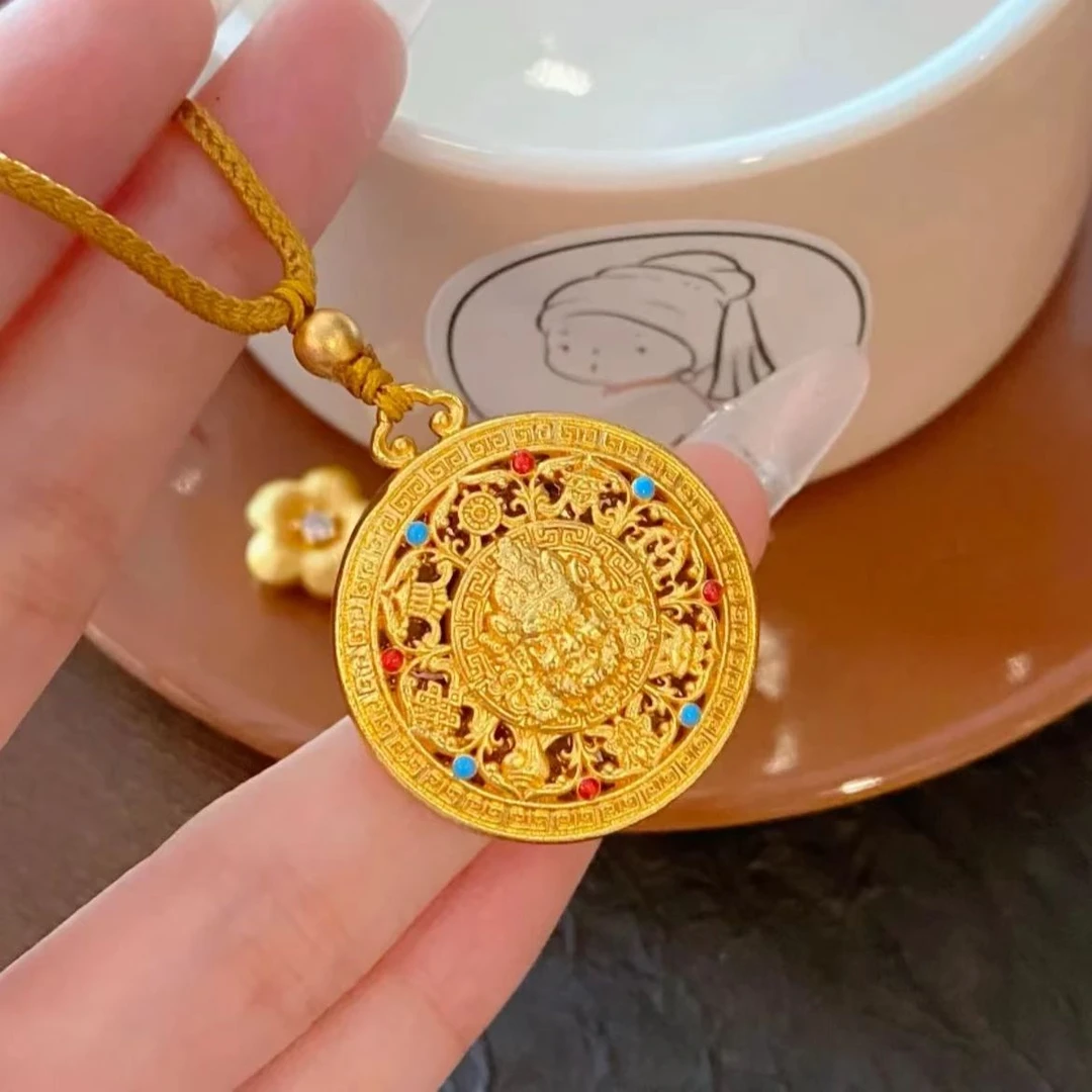 吊坠足银  【珐琅黄财神罗盘吊坠】八宝罗盘吊坠手工情侣足银坠链