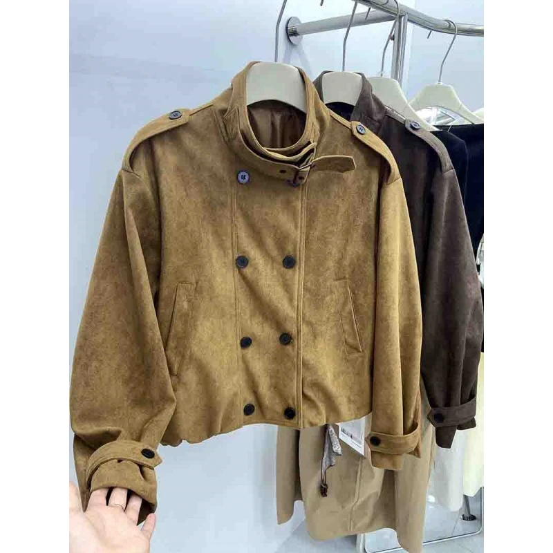 拉夏贝尔复古立领显瘦双排扣短款外套女2025秋季宽松时尚流行夹克