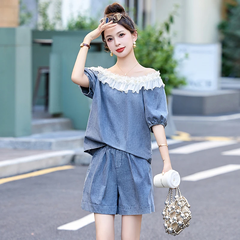 设计感荷叶边牛仔套装女2025夏季新款时尚洋气减龄阔腿短裤两件套