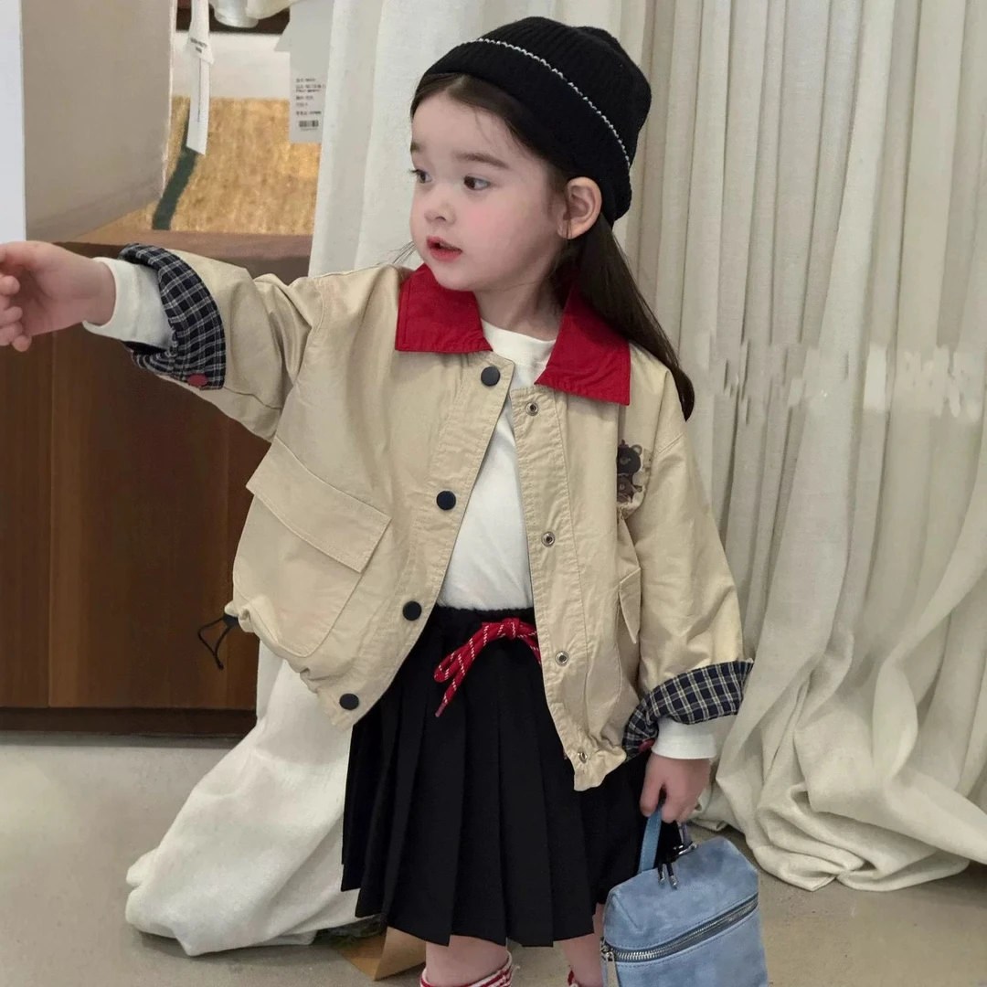 女童外套2025新款春秋装儿童洋气时髦格子翻领上衣宝宝秋季夹克潮
