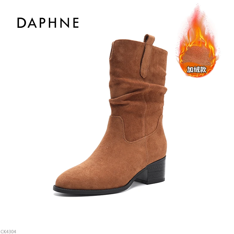 达芙妮2025新款时装靴勃肯靴圆头女鞋绒款高筒雪地靴马丁靴LL