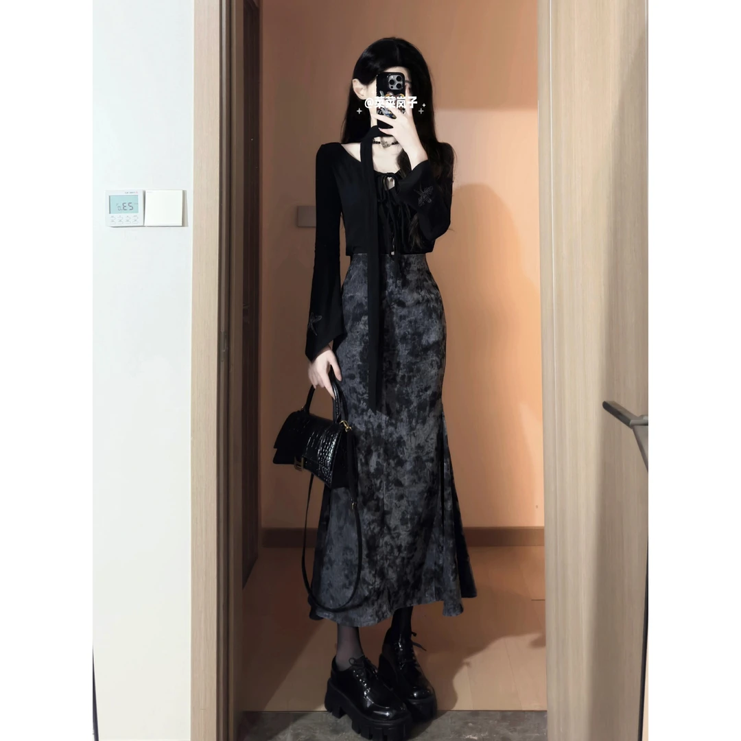 灰色新中式复古半身裙女新款气质高腰垂感中长款时尚流行鱼尾套装