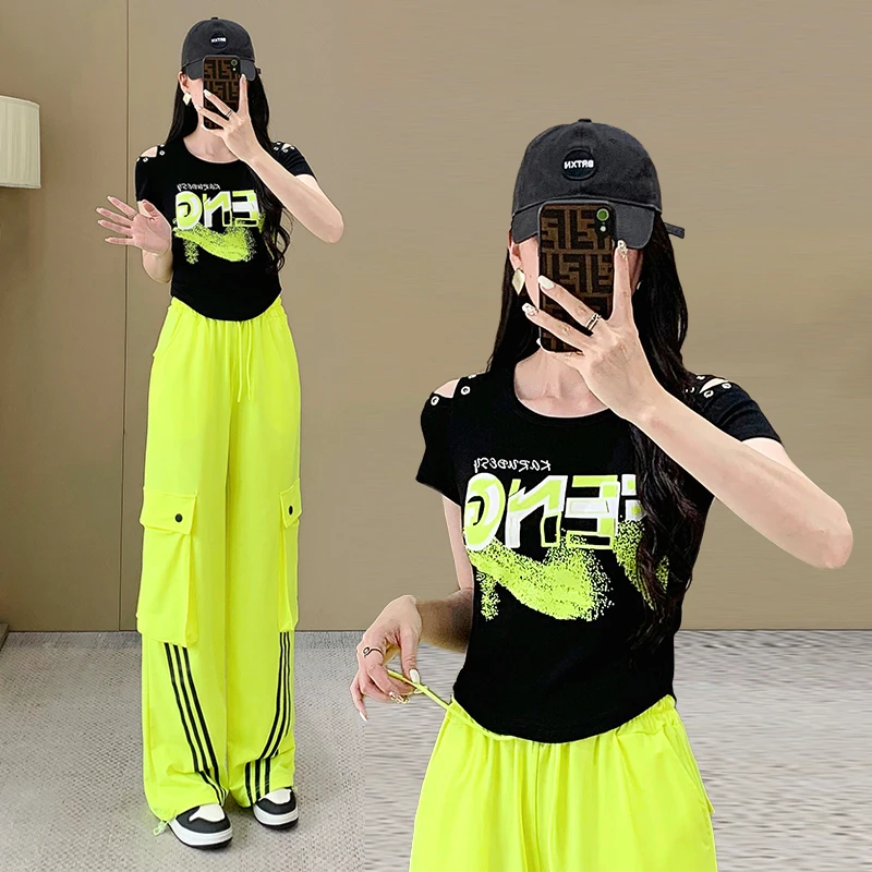 印花字母露肩短袖T恤女2025夏季新款修身显瘦运动跳舞广场舞服装