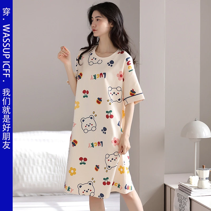 夏季短袖睡裙女亲肤舒适短袖纯棉可爱卡通女士中长款连衣裙家居服