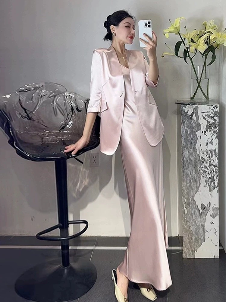 2025春夏时尚法式醋酸七分袖V领西装套装女吊带连衣裙两件套薄款