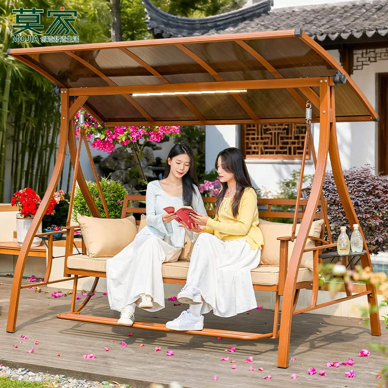【莫家户外】户外木纹秋千带灯庭院家用别墅花园民宿吊椅休闲室外