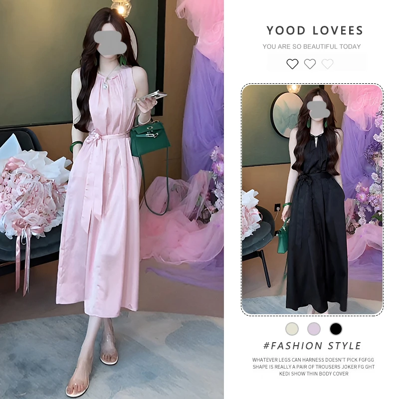法式甜美粉色无袖挂脖连衣裙女夏2025新款超好看宽松慵懒背心长裙