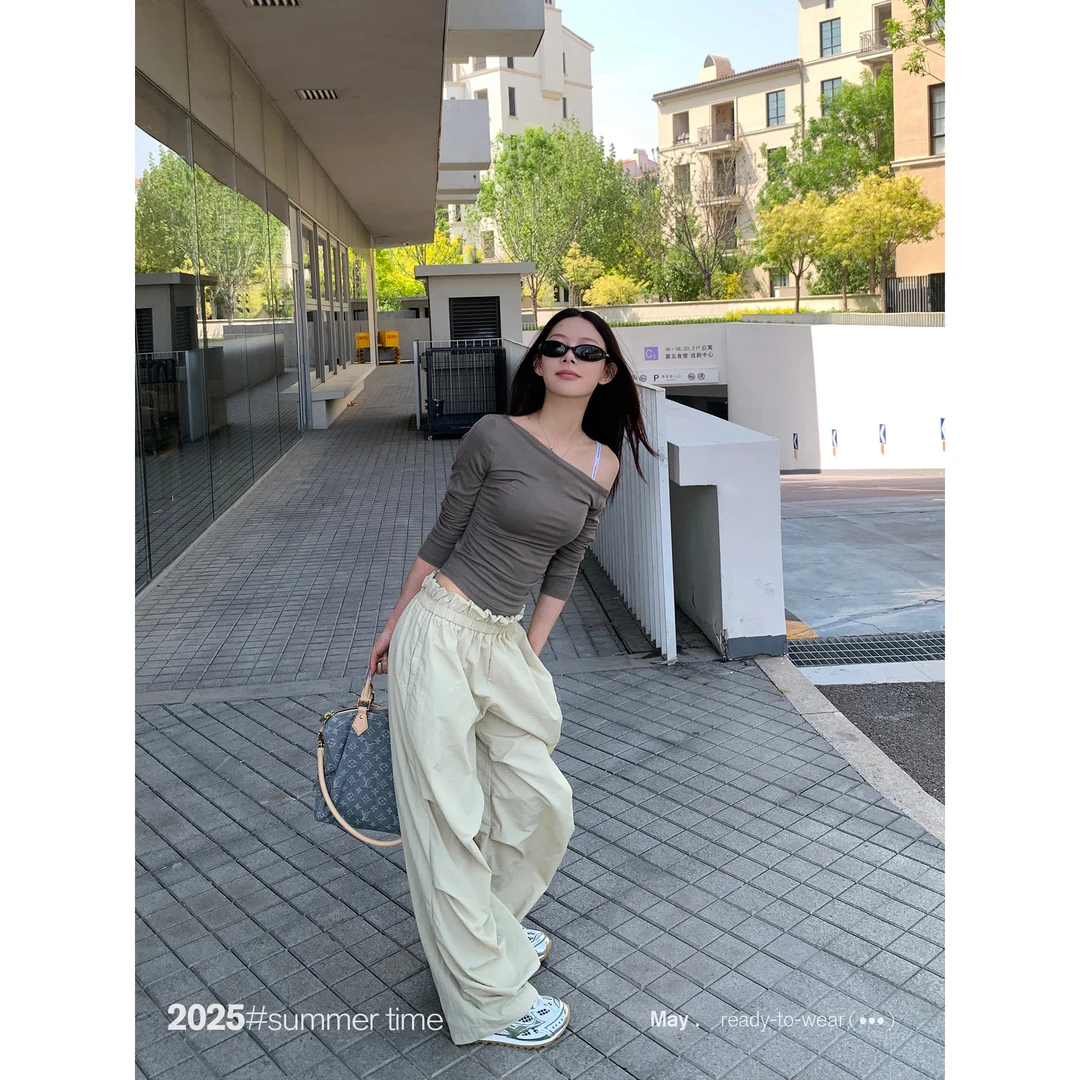 SUNONEONE 木耳边压皱宽松休闲裤女夏韩版宽松慵懒阔腿裤子H1098K