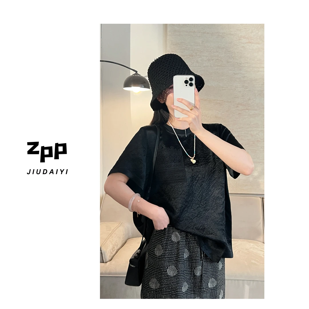 玖黛衣现货【醋酸T】新款夏季纯色后背蕾丝显瘦宽松短袖TXP40978