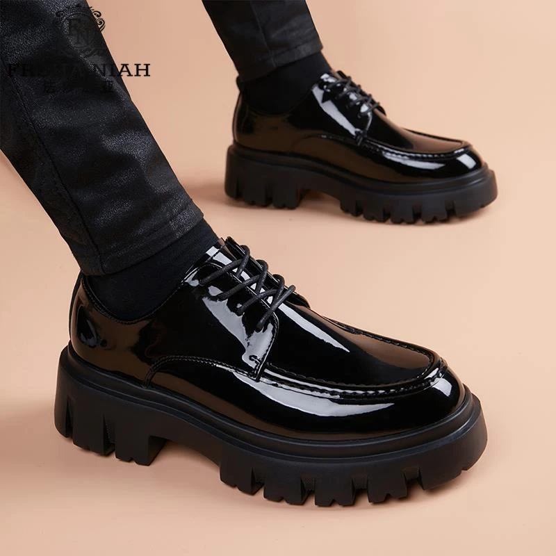 法莎尼亚皮鞋男厚底增高商务漆皮亮面休闲德比鞋真皮英伦内增高男