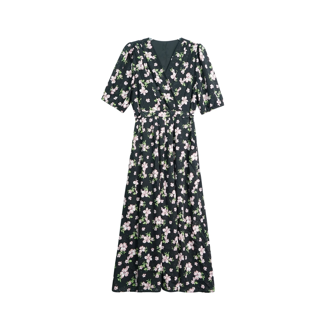 时尚黑色长款碎花大摆连衣裙X23251