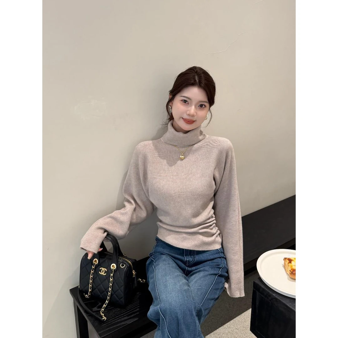 高领侧边抽褶设计感针织衫女秋冬内搭收腰显瘦气质上衣