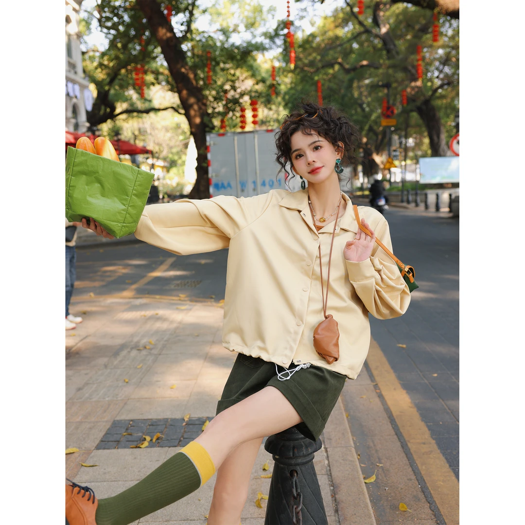 陈佳洁【黄油玉米】港风复古纯色衬衫女宽松显瘦上衣JN1203185