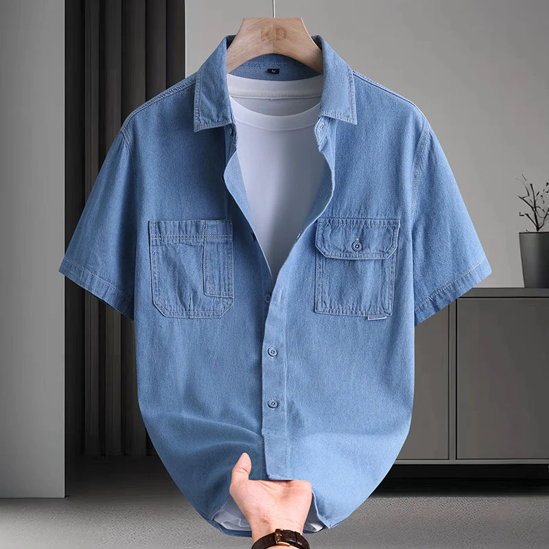 2025夏季爆款新款牛仔短袖衬衫男士潮牌休闲青少年港风衬衣薄款