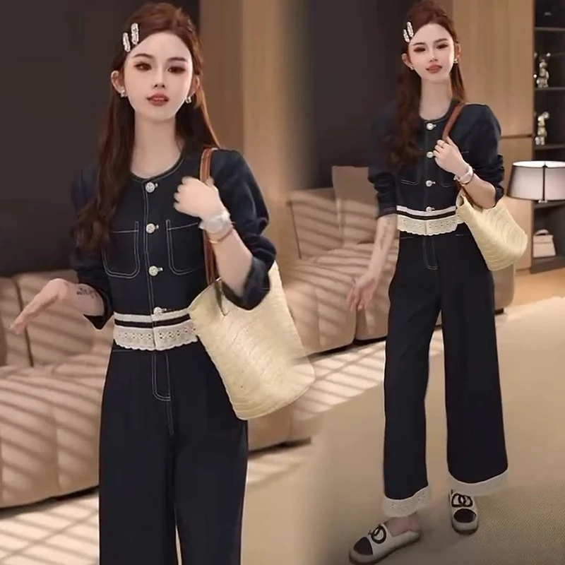 拼接蕾丝牛仔套装2025年春季新款时尚气质花边设计感外套两件套女