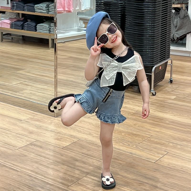 女童夏季新款甜美套装儿童时尚蝴蝶结背心花边牛仔短裤两件套潮款
