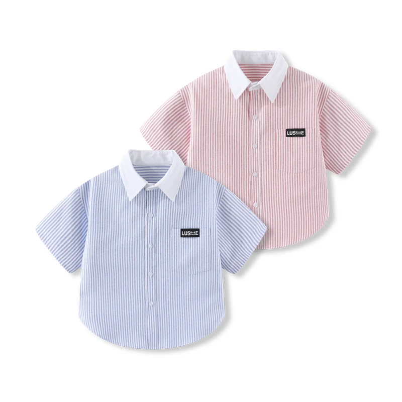 新款夏季短袖衬衫男童衬衣拼接条纹短袖女童上衣抗皱帅气百搭舒服