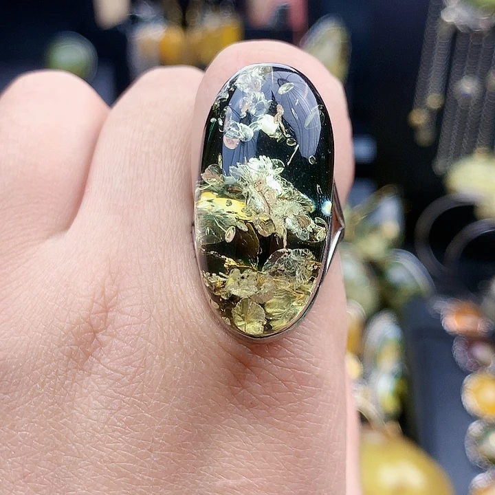 琥珀裸石银S925镶嵌戒指