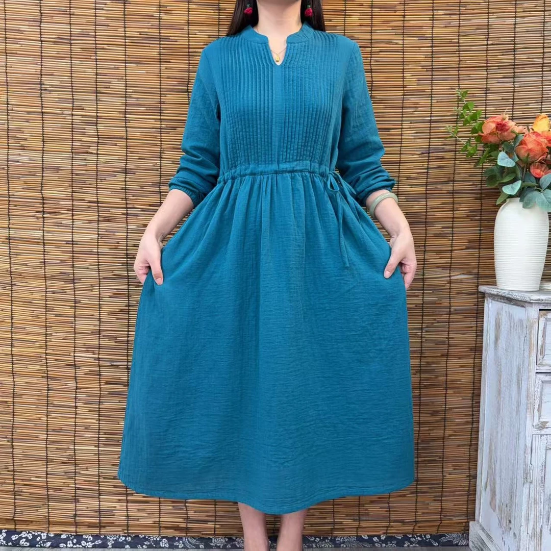 8894秋季宽松法式纯色气质文艺宽松显瘦连衣裙V领显瘦