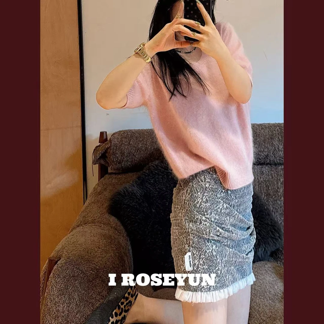 【Rose Yun】重磅定制纱山羊绒拉绒短袖针织上衣   JY095059