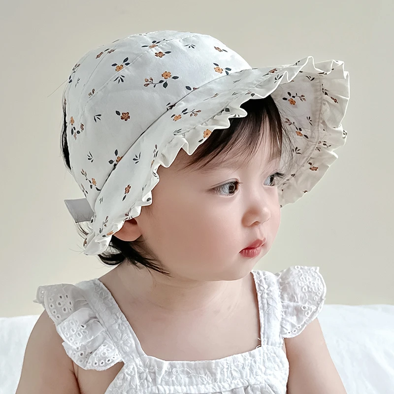 宝宝帽子夏季薄款大檐防紫外线婴儿渔夫帽碎花公主女童出游太阳帽