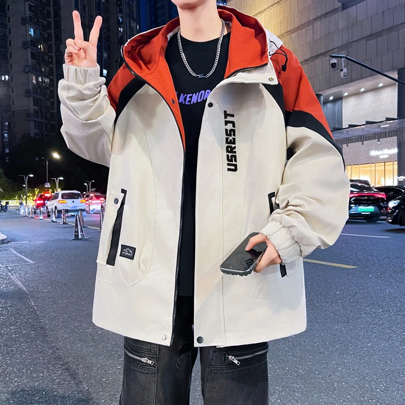 春秋季美式男新款休闲潮流宽松外套秋款百搭长袖冲锋连帽上衣夹克