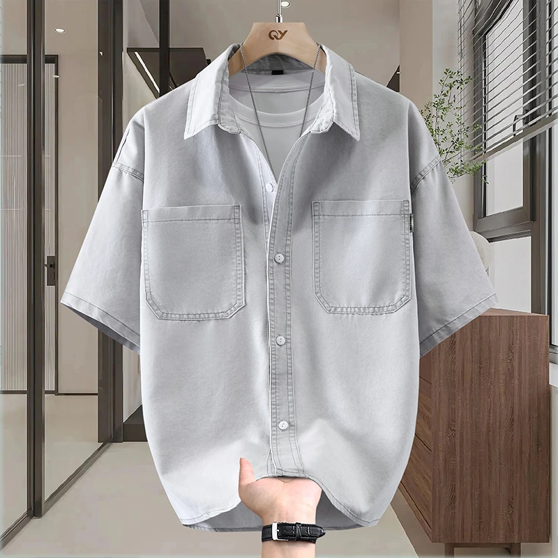 薄款短袖男夏季冰丝简约男士衬衫大码韩版休闲宽松纯色牛仔衬衫
