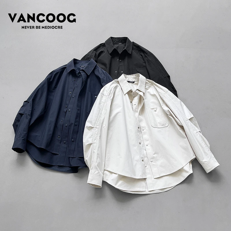 VANCOOG25秋装美潮多口袋长袖衬衫宽松机能外套百搭假两件衬衣男