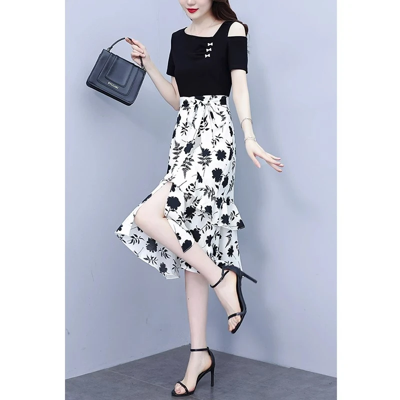 妈妈夏装气质高端碎花雪纺连衣裙子女遮肚子显瘦遮肉假两件套装裙