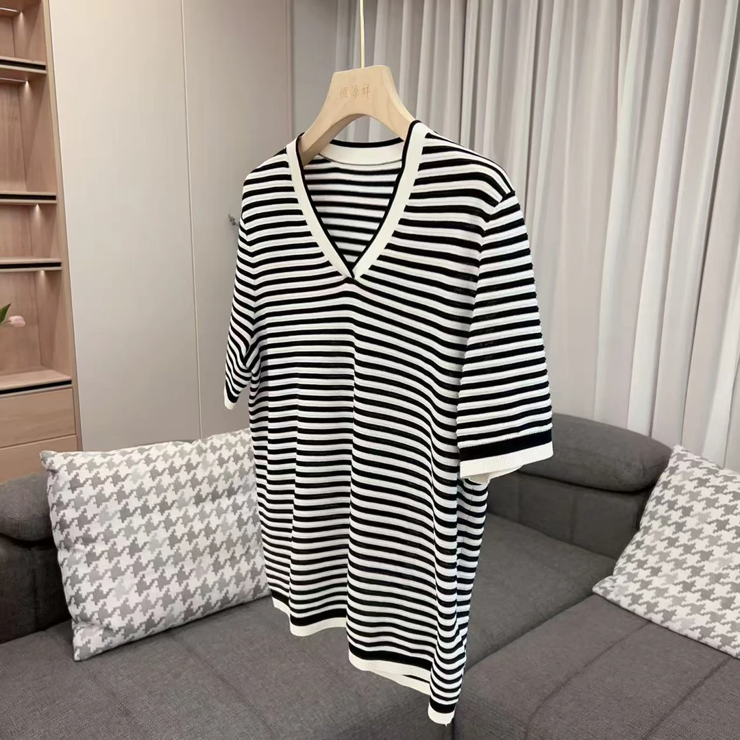 【美姐说】V领短袖条纹衫429001