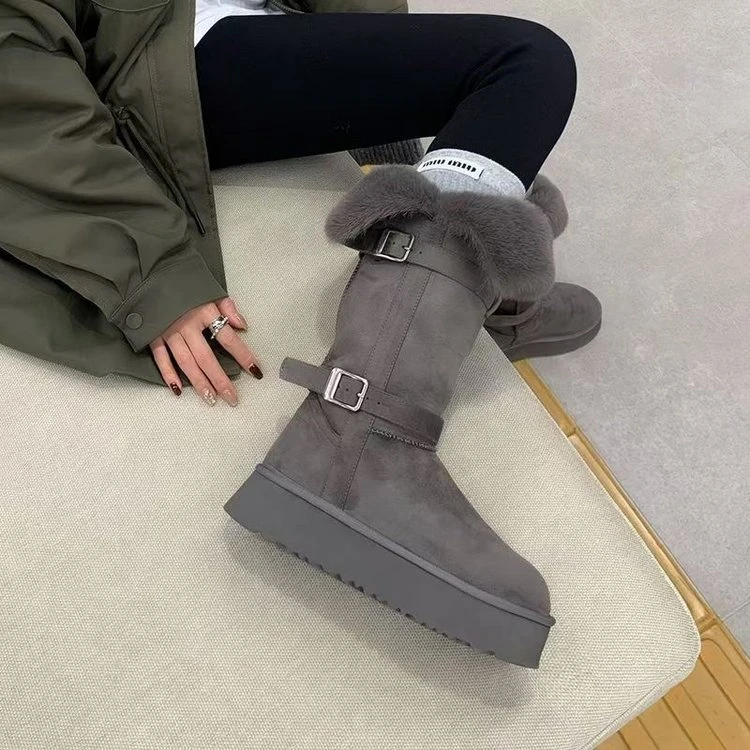 【海洋】5522两穿骑士靴女秋冬新款东北保暖不过膝皮带扣雪地靴棉靴