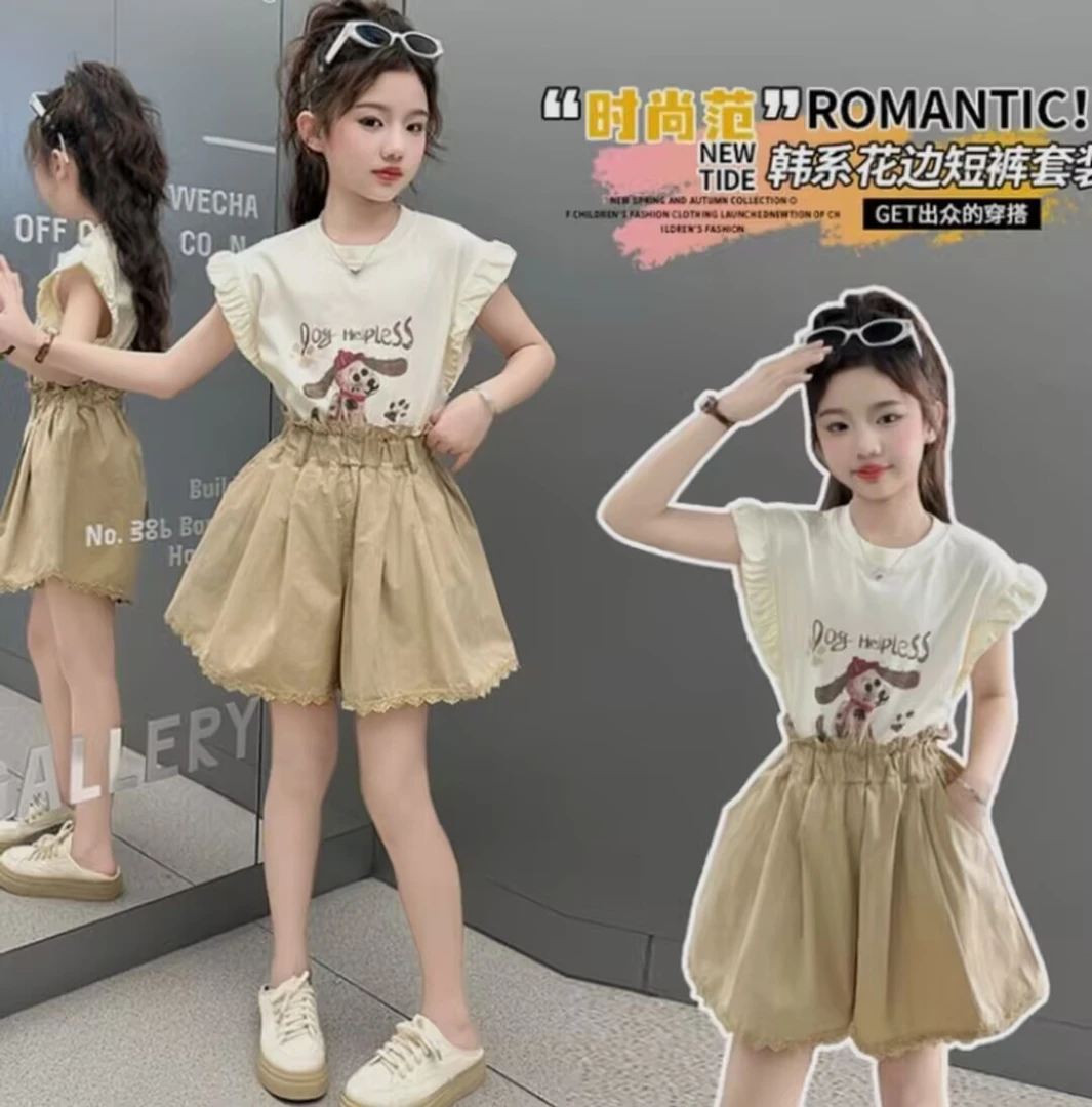 女童小飞袖套装夏装2025新款洋气中大儿童短裤两件套韩版休闲夏季