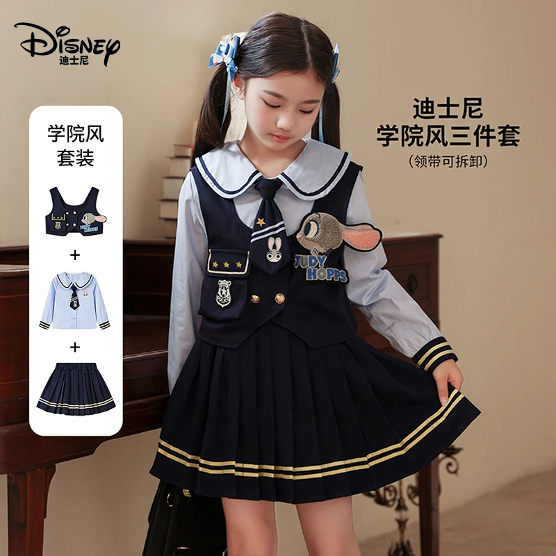 Disney/迪士尼春秋儿童服装条纹女童套装学院风衬衫女童jk制服