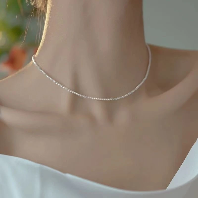 zj淡水珍珠3-4mm项链近正圆卡极光微微瑕天然可刮粉气质百搭003