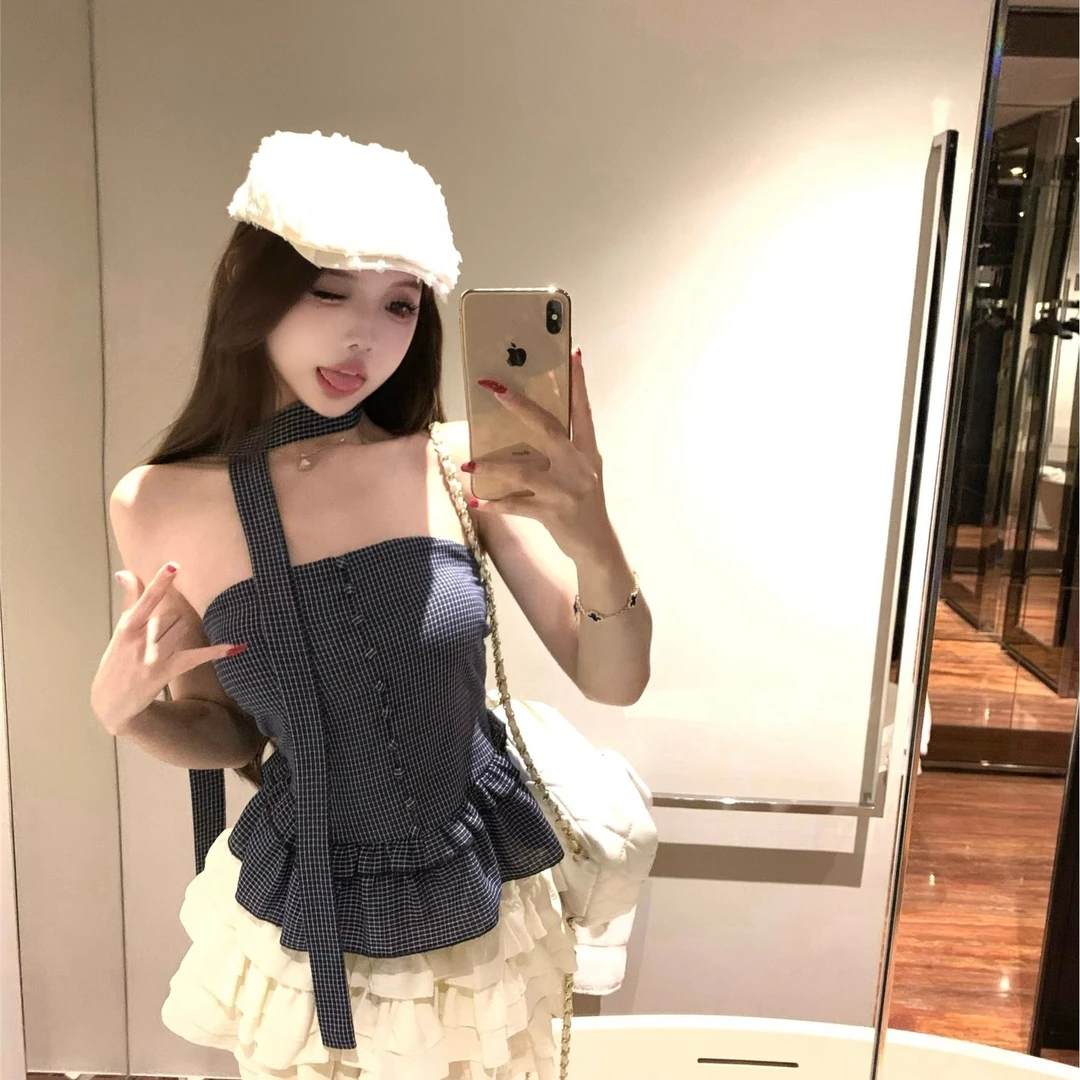 韩系甜辣风收腰吊带背心女新款设计感复古格森系甜辣风女吊带背心