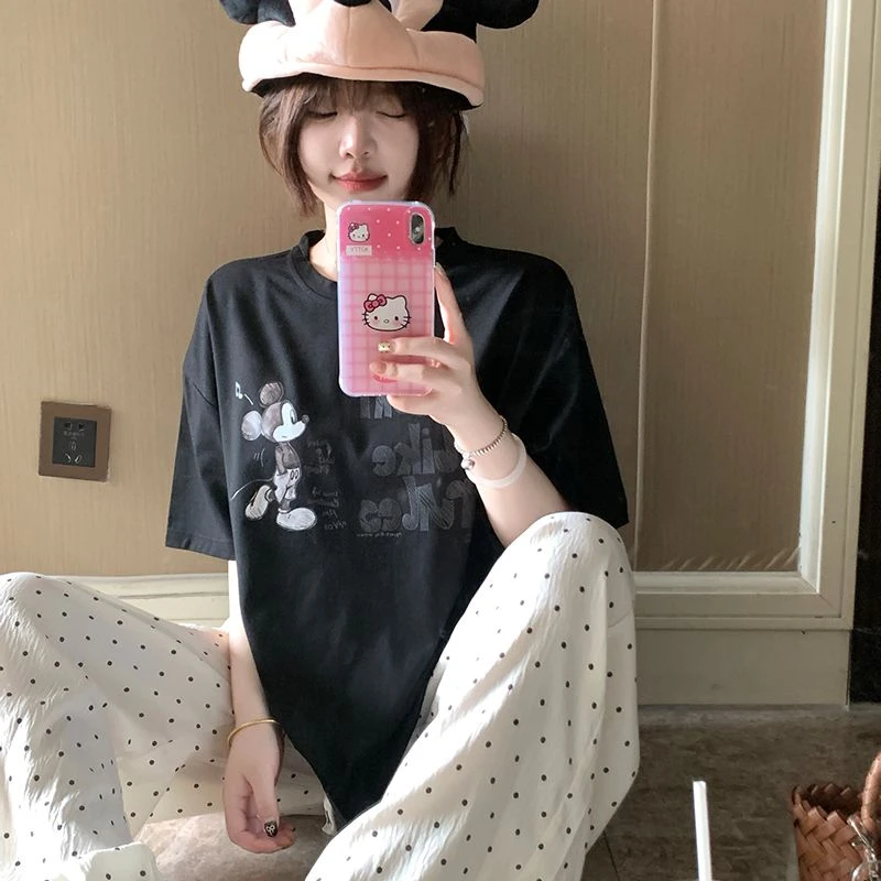 2025韩版夏季透气舒适针织棉短袖睡衣女卡通套装家居服可外穿