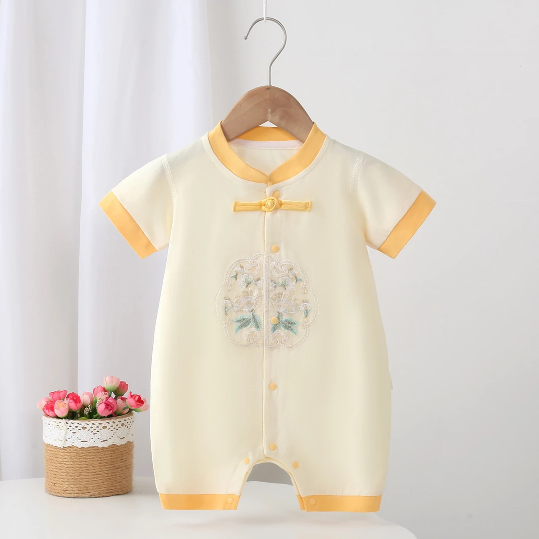 夏季新款国潮刺绣婴幼儿中国风连体衣外出宝宝哈衣无骨爬服满月服