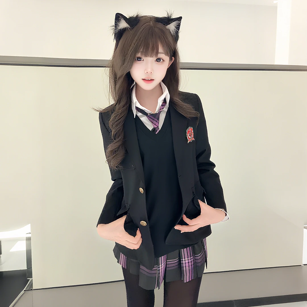 妙也可新秋款黑色西装外套jk制服学院风校供感小个子纯色西服上衣